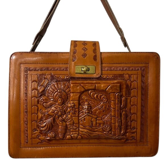 Vintage Embossed Leather Shoulder Bag With Mexican Folk Art Design - Picture 10 of 10